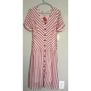 NWTAltard State Red White Striped Button Front Midi Dress‎ M Short Sleeve Belted